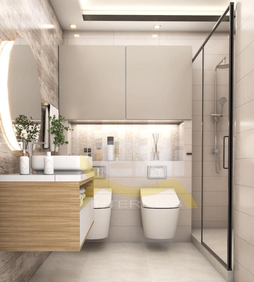 stylish bathroom interior with comot and wash basin